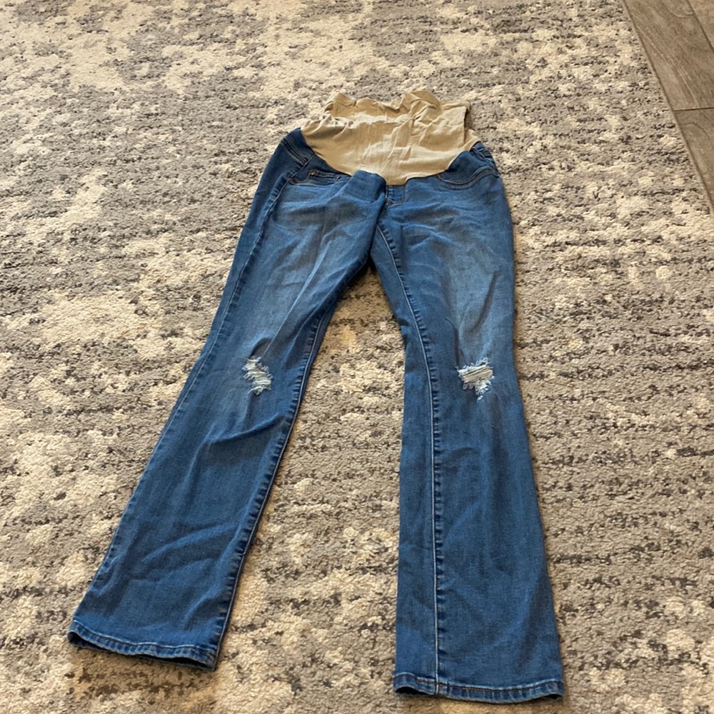 Indigo Blue Women’s Flare Jeans in Medium Blue with Beige Waist Panel